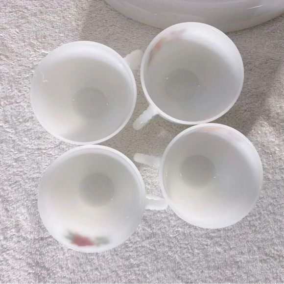 Vintage Federal Milk  Glass Autumn Blossom Tea Cups W Luncheon Plate Sets x4 - Picture 8 of 12